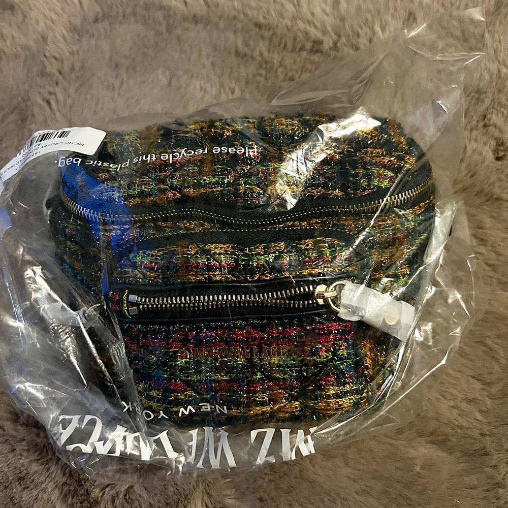 Mz Wallace micro Crosby sling with gold multi tweed